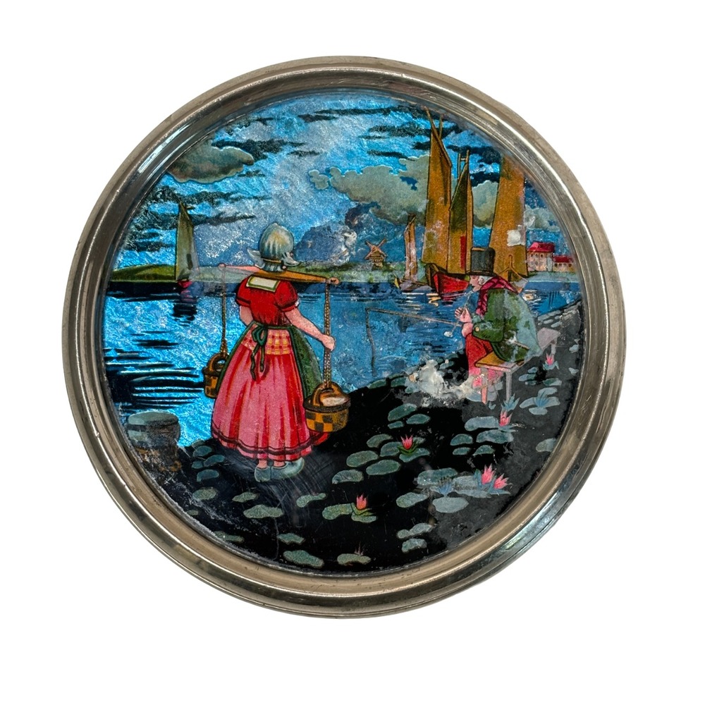 VTG 1930s Art Deco Dutch Foil Painting Trivet Wall Hanging Silver Circle Frame